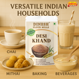 Dinesh Flour Mills Desi Khand packaging with tea, milk, and snacks on a wooden table.
