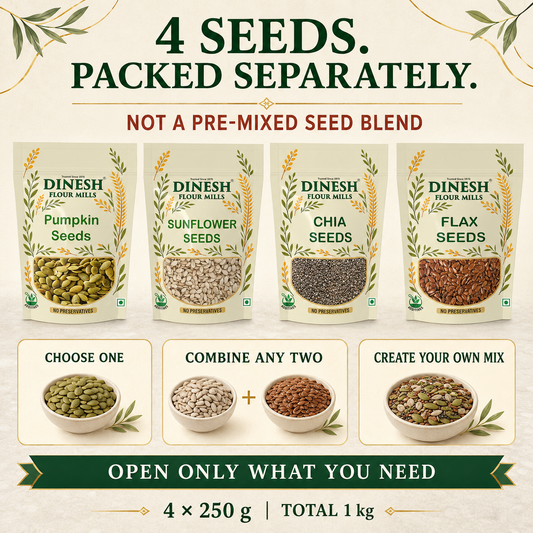 Four raw seed varieties in separate 250 g packets, total 1 kg