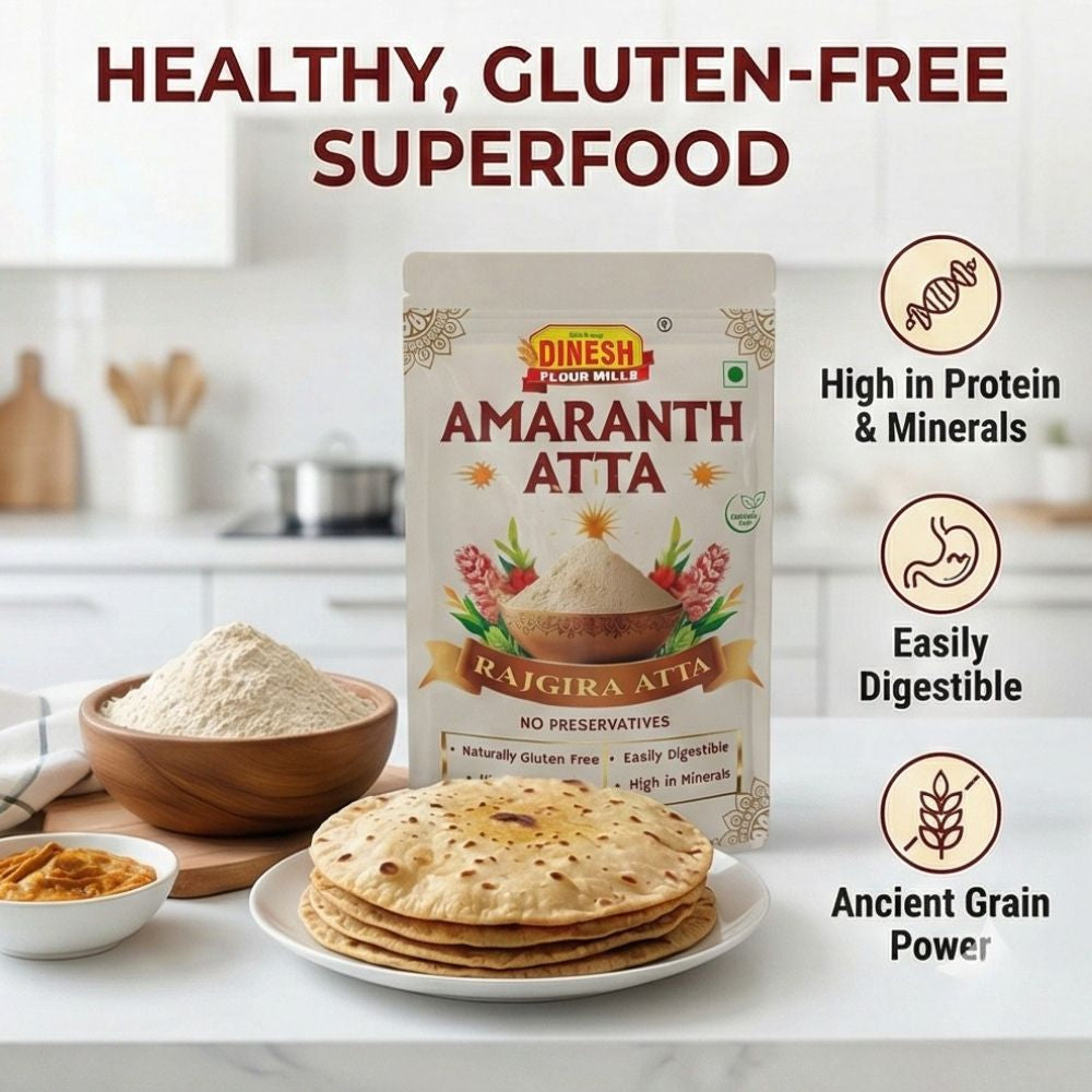 Dinesh Flour Mills Amaranth Atta package with tortillas and flour on a kitchen counter