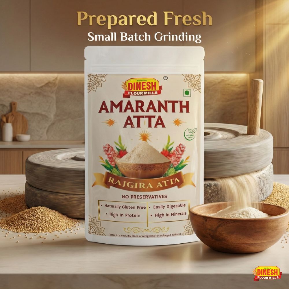 Dinesh Flour Mills Amaranth Atta package with a kitchen background