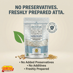 Dinesh Flour Mills gluten-free atta package with text highlighting no preservatives and freshness.