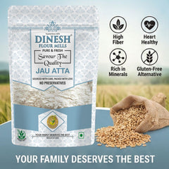 Dinesh Flour Mills Jau Atta packaging with text highlighting benefits and a field background.