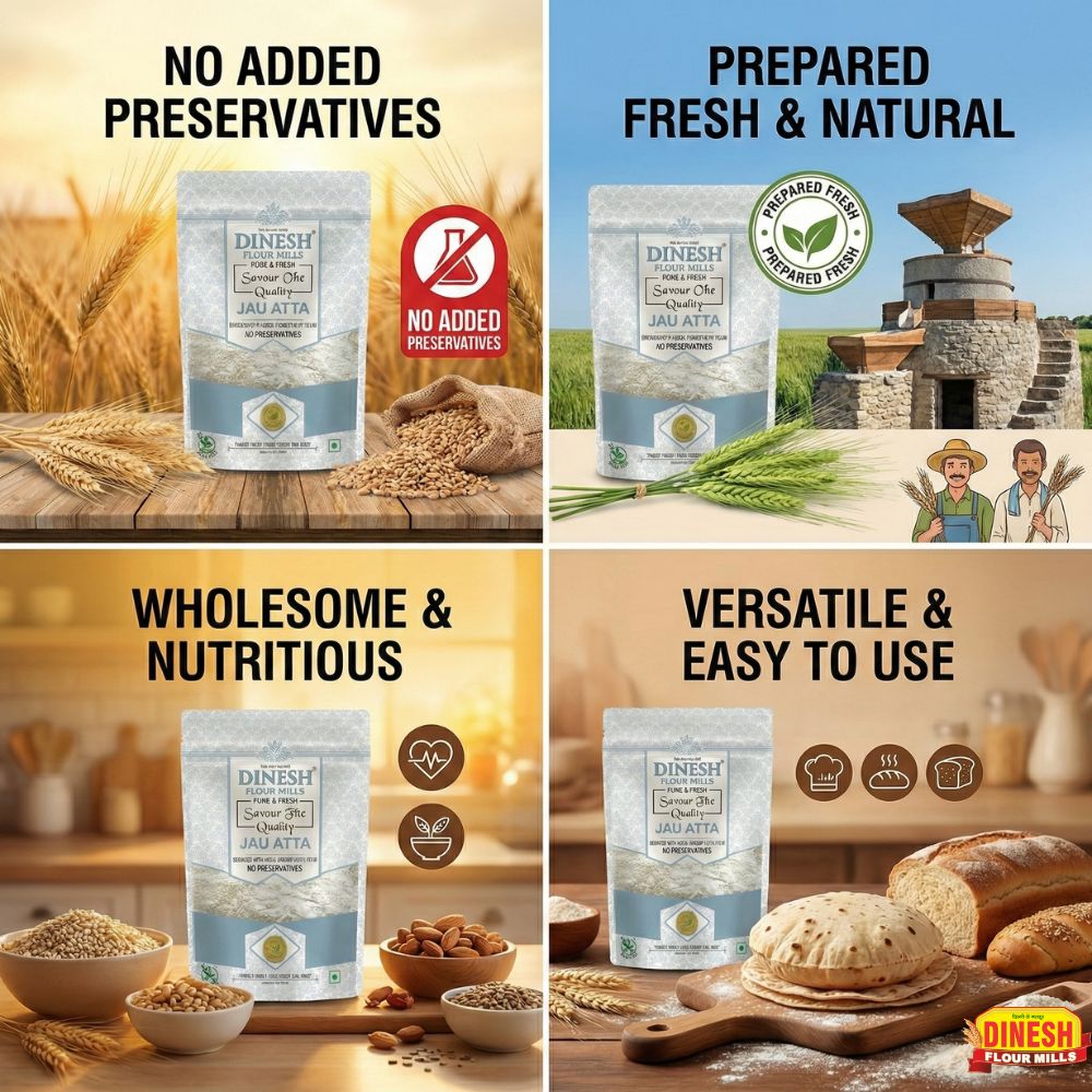 Dinesh Jau Atta packaging with text highlighting features like no added preservatives, freshness, wholesomeness, and versatility.