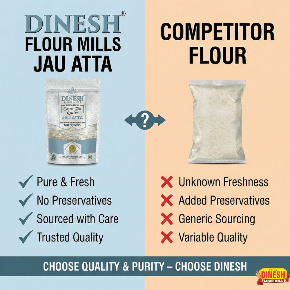 Comparison chart between Dinesh Flour Mills Jau Atta and competitor flour, highlighting differences.