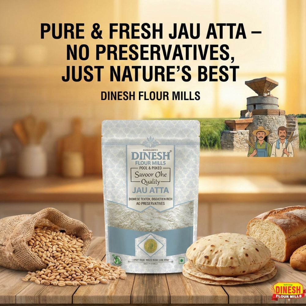 Dinesh Flour Mills Jau Atta package with bread and grains on a wooden table.