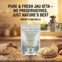 Dinesh Flour Mills Jau Atta package with bread and grains on a wooden table.