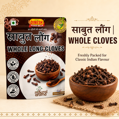 Dinesh Flour Mills Sabut Laung Whole Cloves packaging shown next to a wooden bowl filled with whole cloves on a beige background with decorative text.