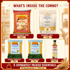 Monthly Grocery Essentials Combo | MP Atta 5kg, Basmati Rice 3kg, Toor Dal 1kg, Moong Dal 1kg & Mustard Oil 1L