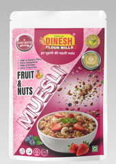 Muesli by Dinesh Flour Mills – A crunchy mix of rolled oats, wheat flakes, cornflakes, rice flakes, almonds, raisins, and dried fruits,