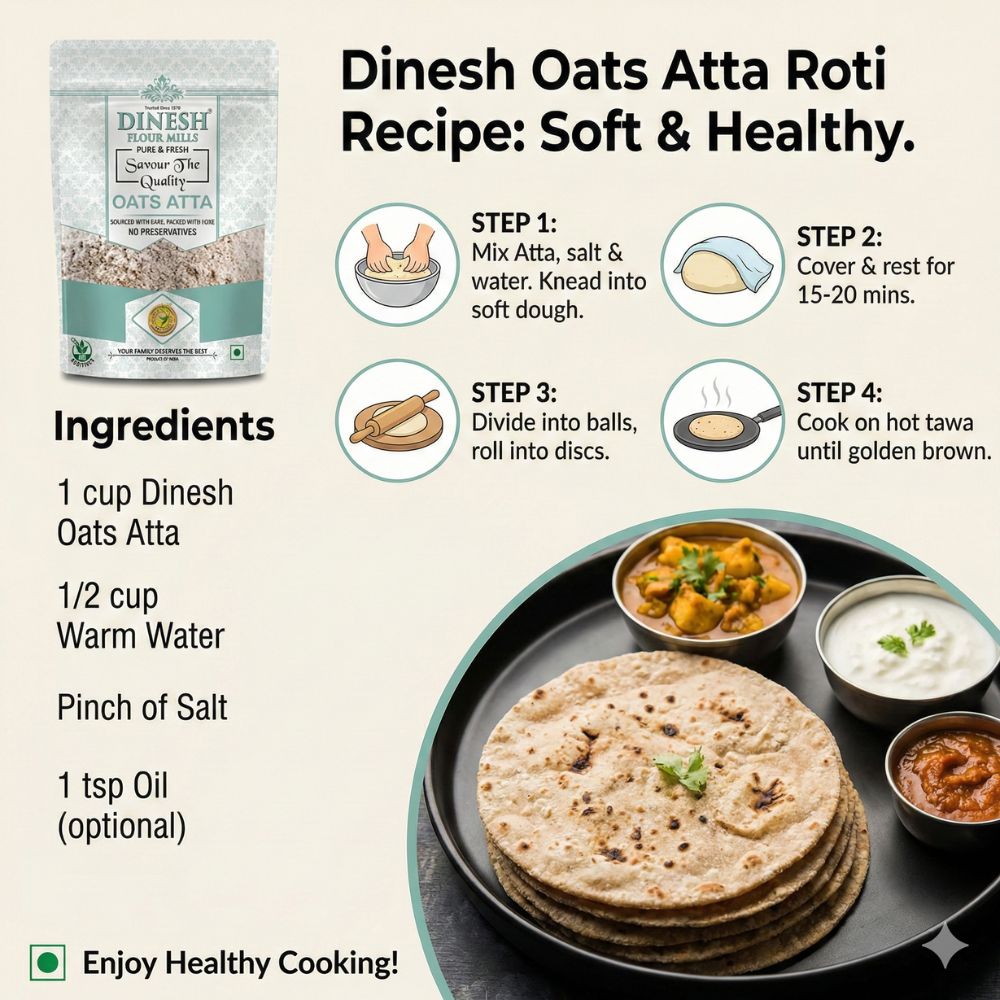 Dinesh Oats Atta Roti recipe card with ingredients and preparation steps.