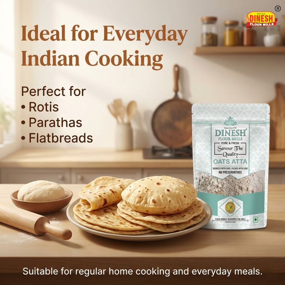 Dinesh Flour Mills oats atta package with flatbreads on a kitchen counter