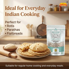 Dinesh Flour Mills oats atta package with flatbreads on a kitchen counter