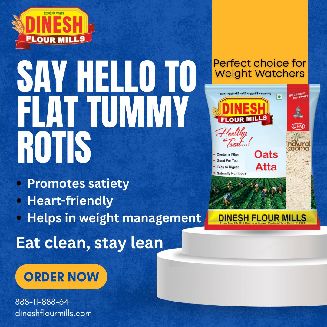 Advertisement for Dinesh Flour Mills oats atta package with promotional text on a blue background