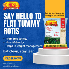Advertisement for Dinesh Flour Mills oats atta package with promotional text on a blue background
