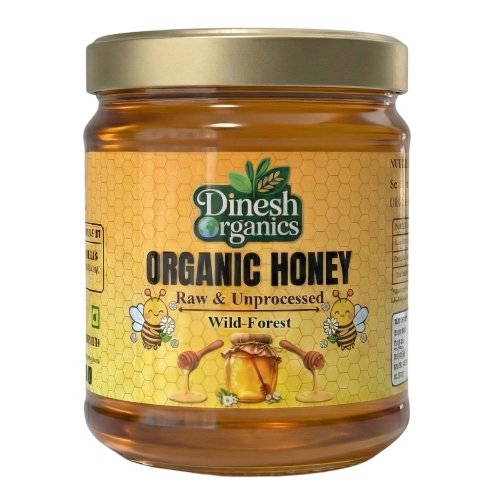 Jar of Dinesh Organics Organic Honey on a white background