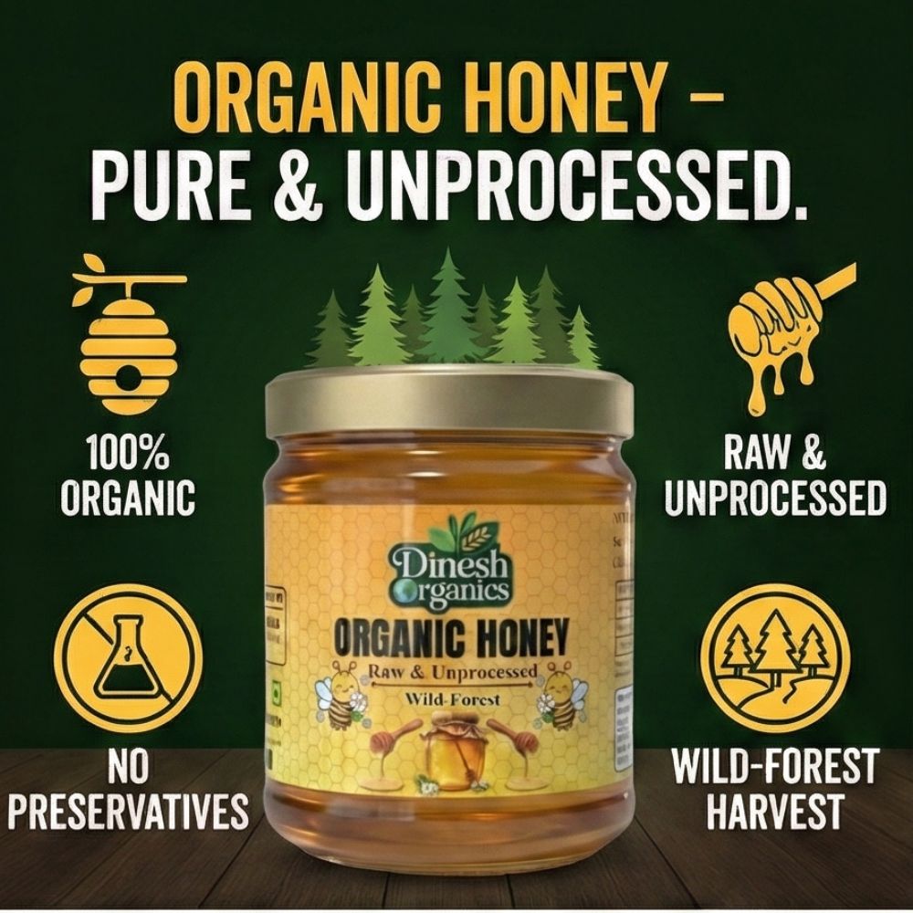 Jar of Dinesh Organics organic honey with branding and product details on a green background.