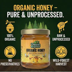 Jar of Dinesh Organics organic honey with branding and product details on a green background.