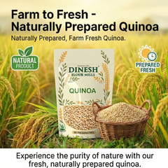 Dinesh Flour Mills quinoa package with a field of quinoa plants in the background