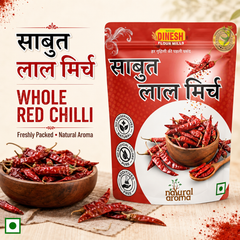 A stand-up pouch of Dinesh Flour Mills Whole Red Chilli spice mix shown on a beige background with Hindi text, a bowl of dried red chilies, and scattered red chili powder.