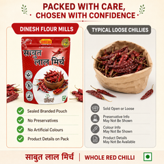 Promotional graphic for Dinesh Flour Mills Sabut Lal Mirch (whole red chili) showing the red branded pouch packaging on the left and loose red chilies in a brown paper sack on the right, with text highlighting product features and typical loose chilies.