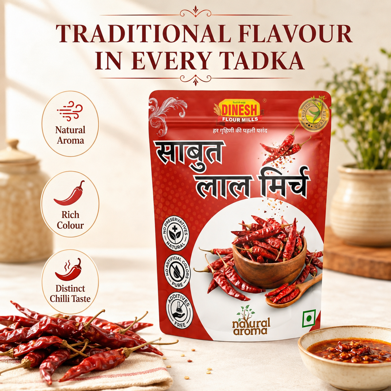 A red stand-up pouch of Dinesh Rawal's 'Saubhah Lal Mirch' (Saturday Red Chili) spice mix, displayed on a light beige background with decorative props including loose red chilies, a bowl of chili paste, and ceramic jars. The image includes marketing text overlays and circular icons highlighting natural aroma, rich color, and distinct chili taste.