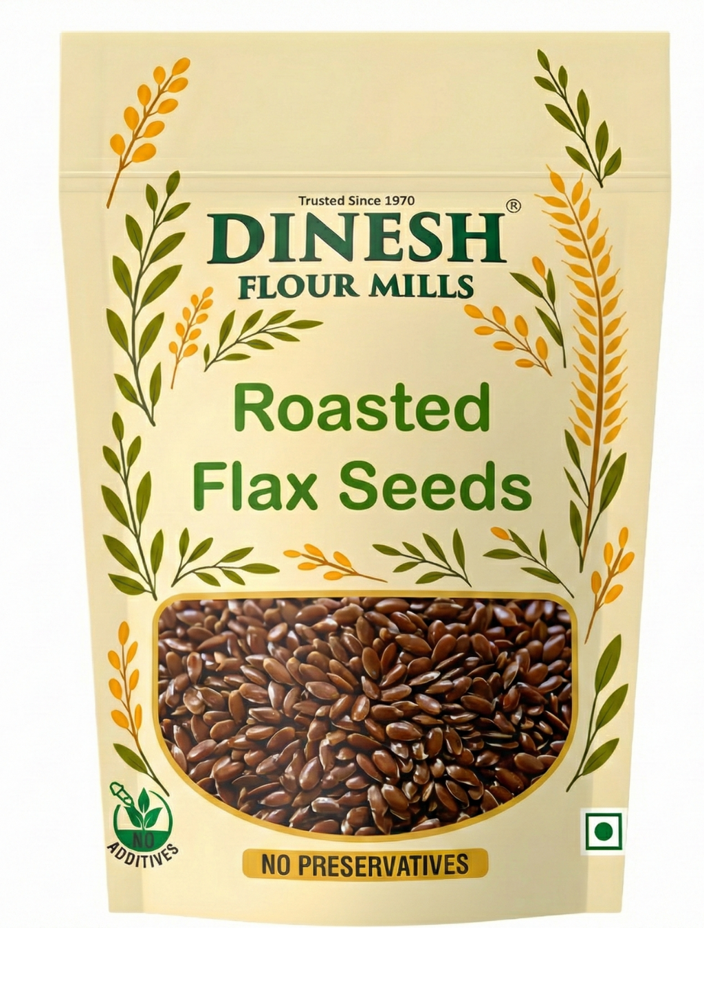 Dinesh Flour Mills roasted flax seeds packaging on a beige background