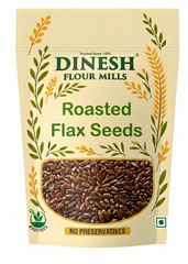 Dinesh Flour Mills roasted flax seeds packaging on a beige background