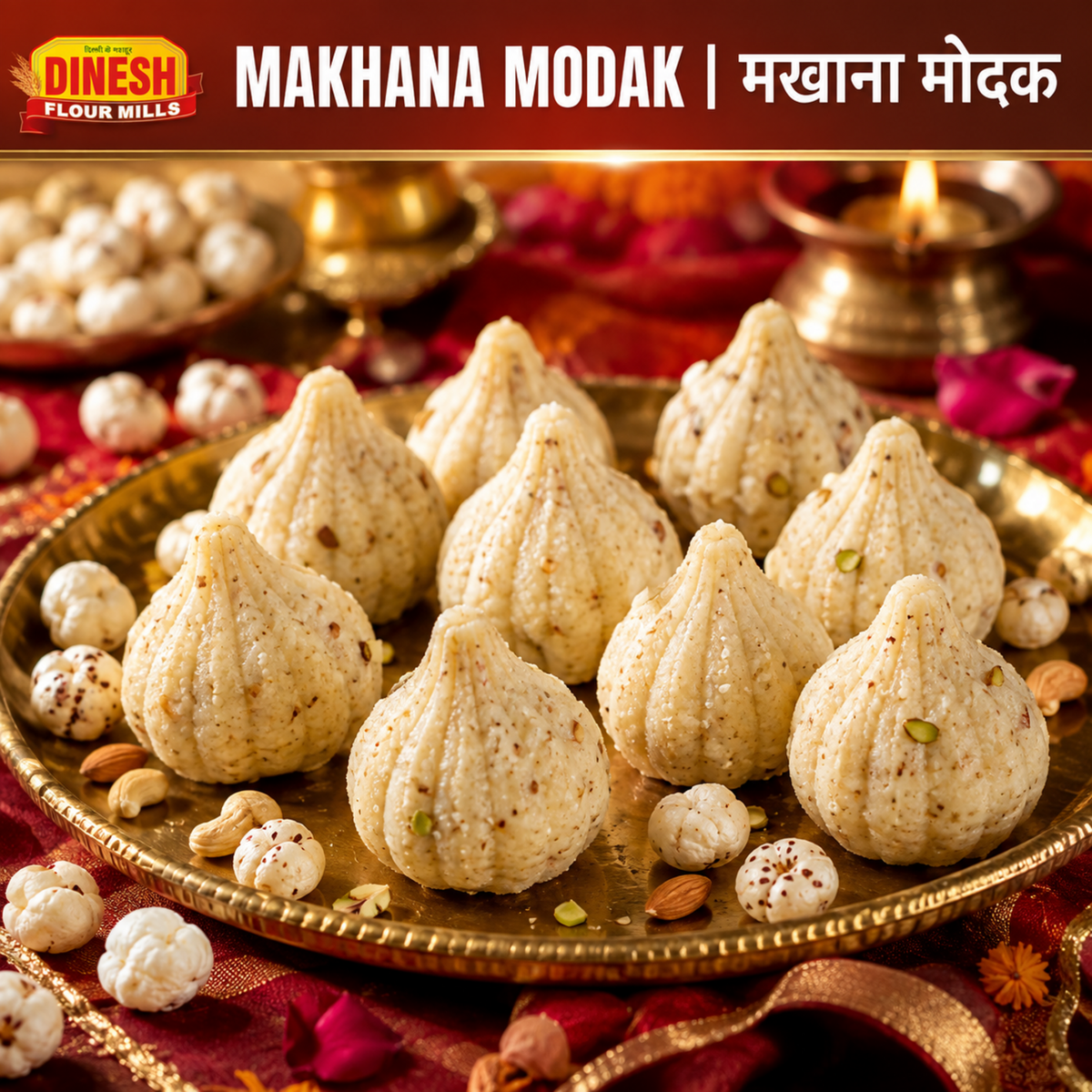 Makhana Modak for Ganesh Chaturthi on a brass thali with Dinesh Flour Mills logo