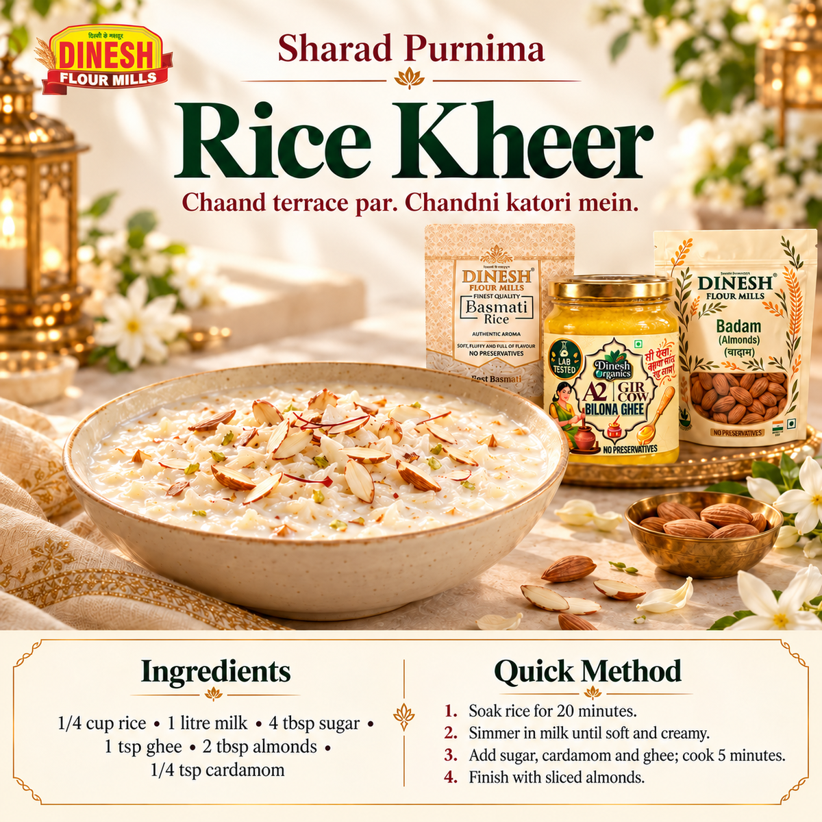Rice Kheer for Sharad Purnima with Dinesh Flour Mills ingredient packs and a small logo on a light background.