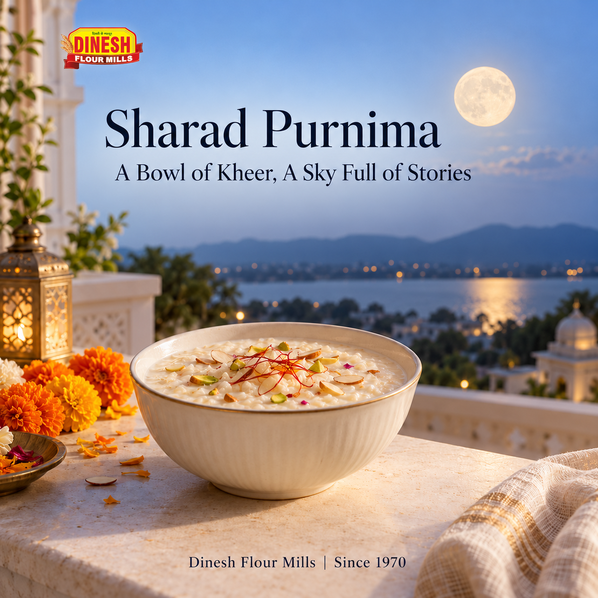 Rice kheer topped with almonds and saffron on a light terrace table beneath a full moon.  Editorial sources