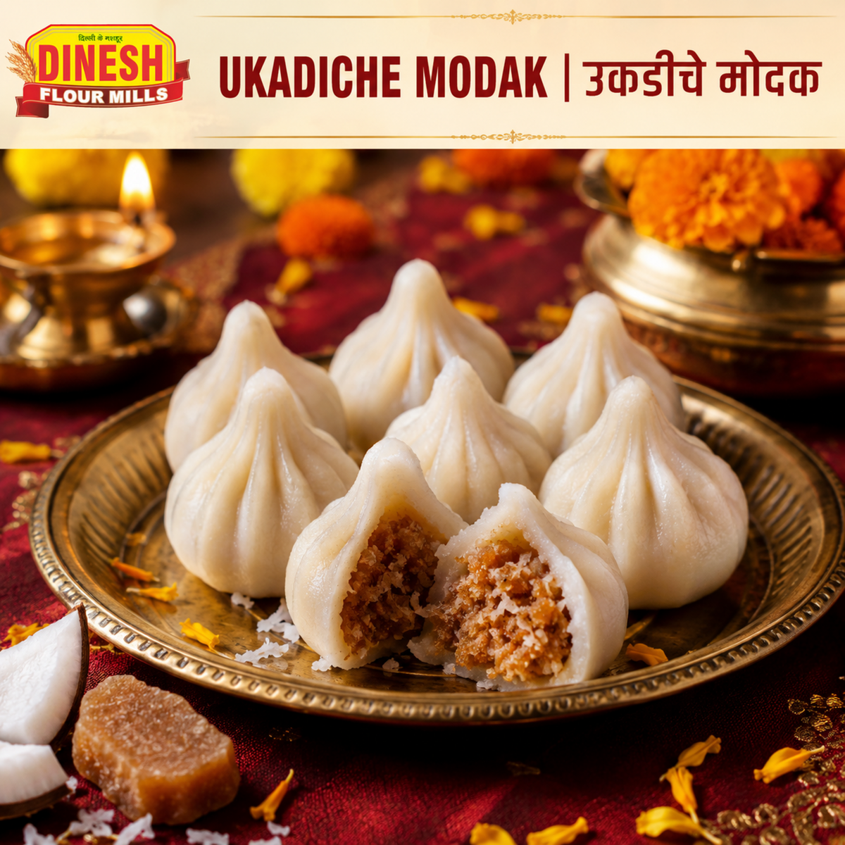 Traditional steamed Ukadiche Modak with coconut jaggery filling for Ganesh Chaturthi