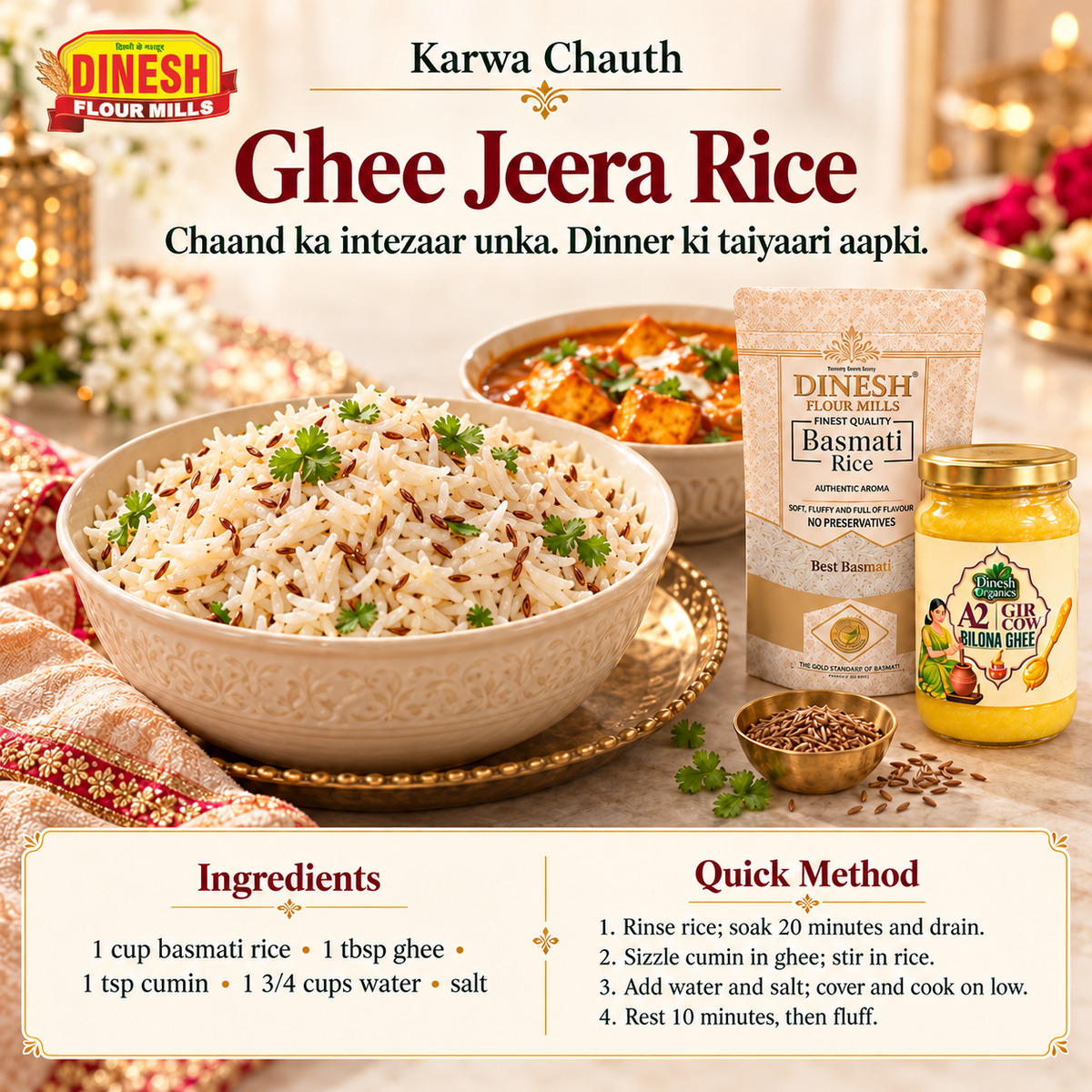 Ghee Jeera Rice for Karwa Chauth with Dinesh Flour Mills ingredient packs and a small logo on a light background.