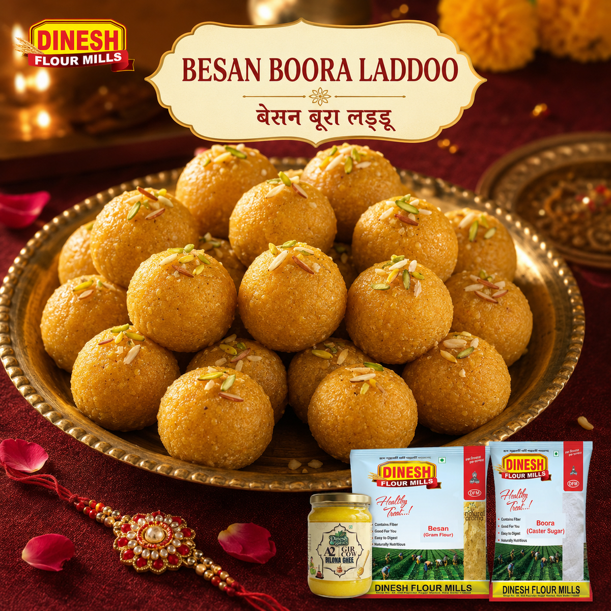 Instant Makhana Kaju Laddoo prepared with Dinesh Flour Mills makhana, kaju, boora, ghee and green cardamom