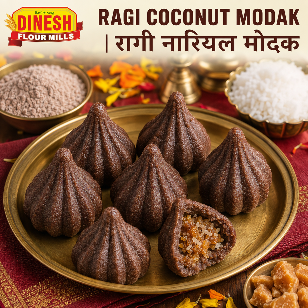 Ragi Coconut Modak with jaggery filling served as Ganesh Chaturthi prasad