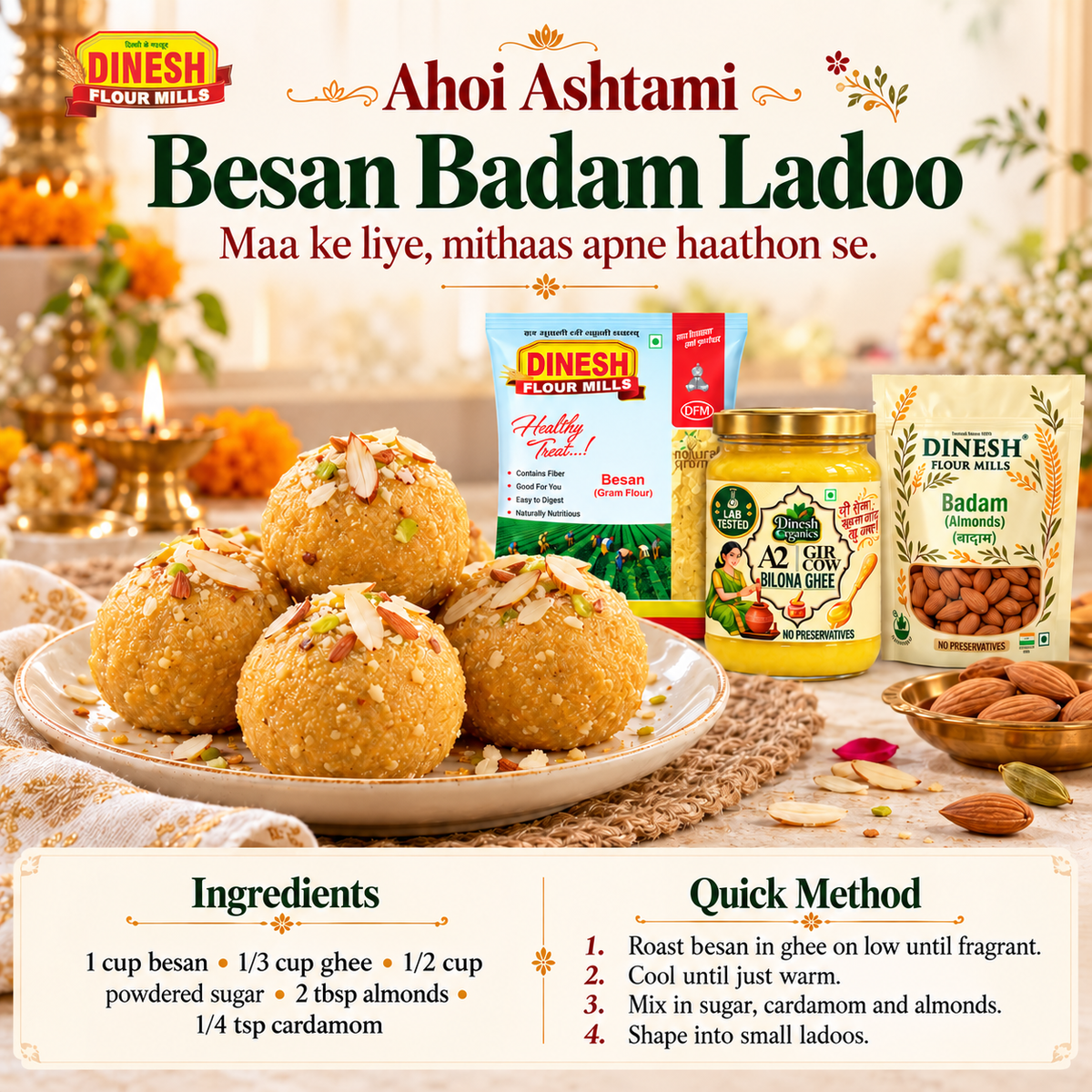 Besan Badam Ladoo for Ahoi Ashtami with Dinesh Flour Mills ingredient packs and a small logo on a light background.