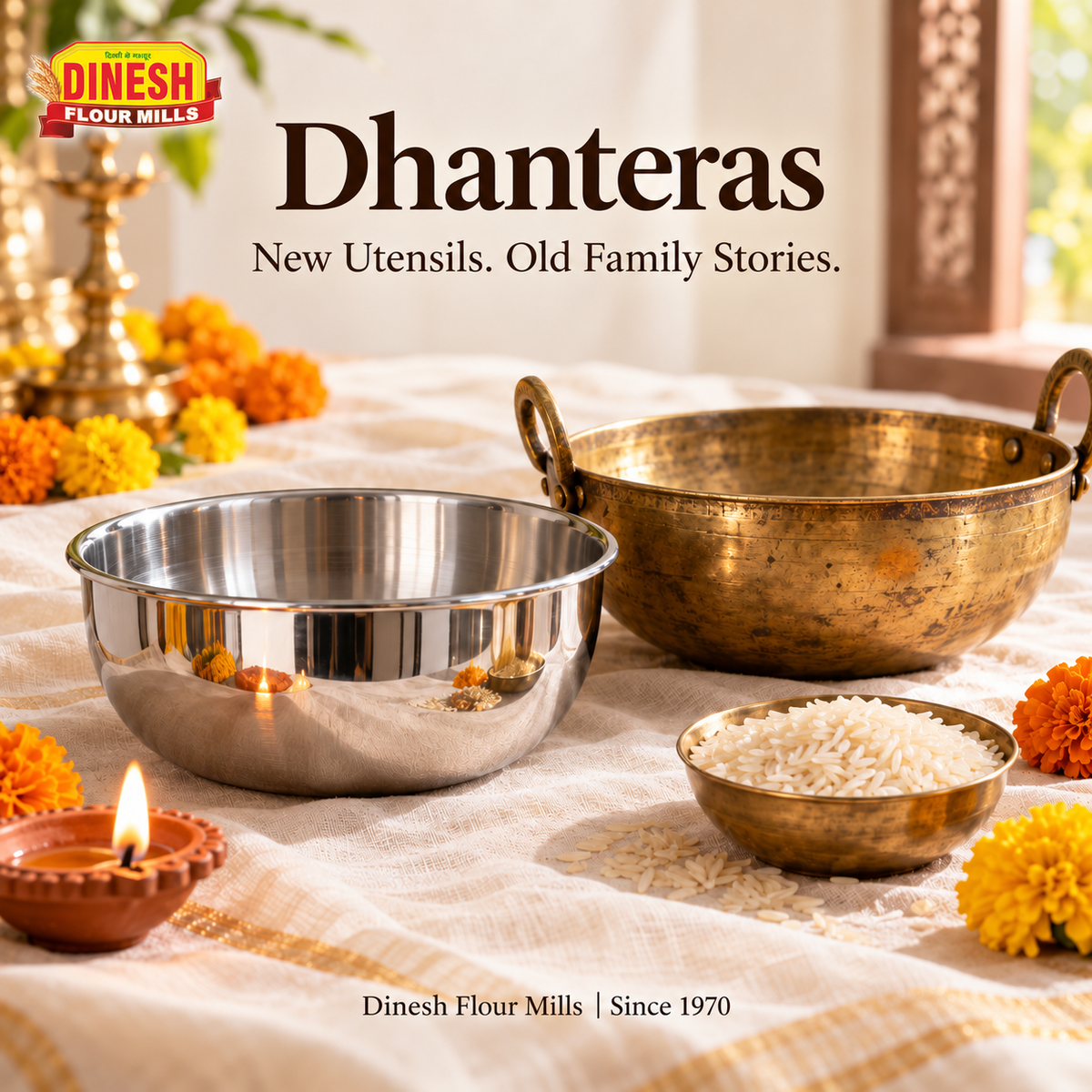 A new steel bowl beside an older brass bowl, with rice, marigolds and a diya on pale linen.