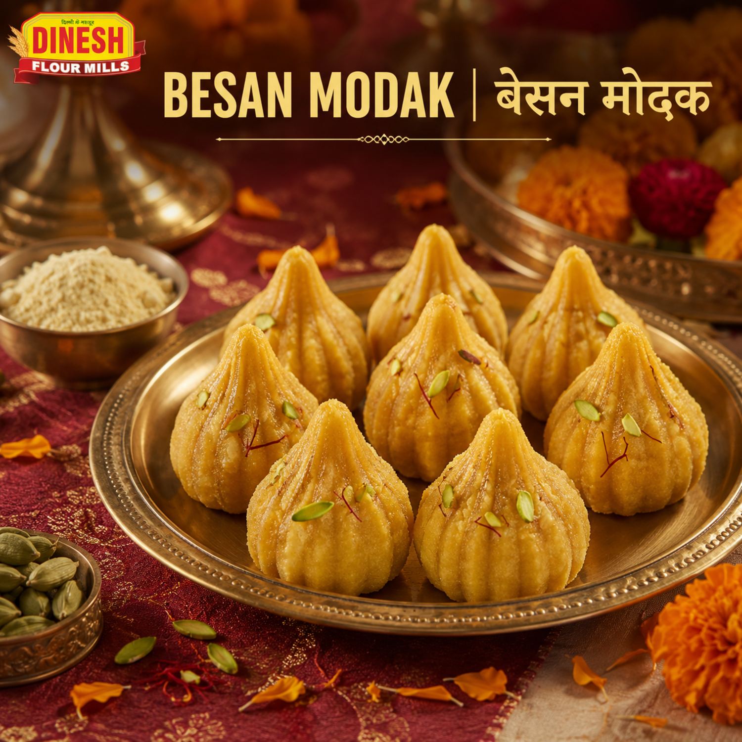 Golden Besan Modak garnished with pistachio and saffron for Ganesh Chaturthi