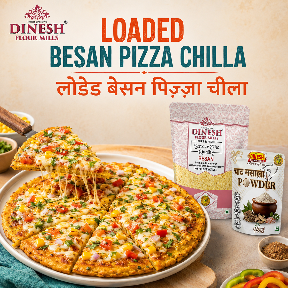 Loaded besan pizza chilla with vegetables, cheese and Dinesh Flour Mills Besan and Chaat Masala packs