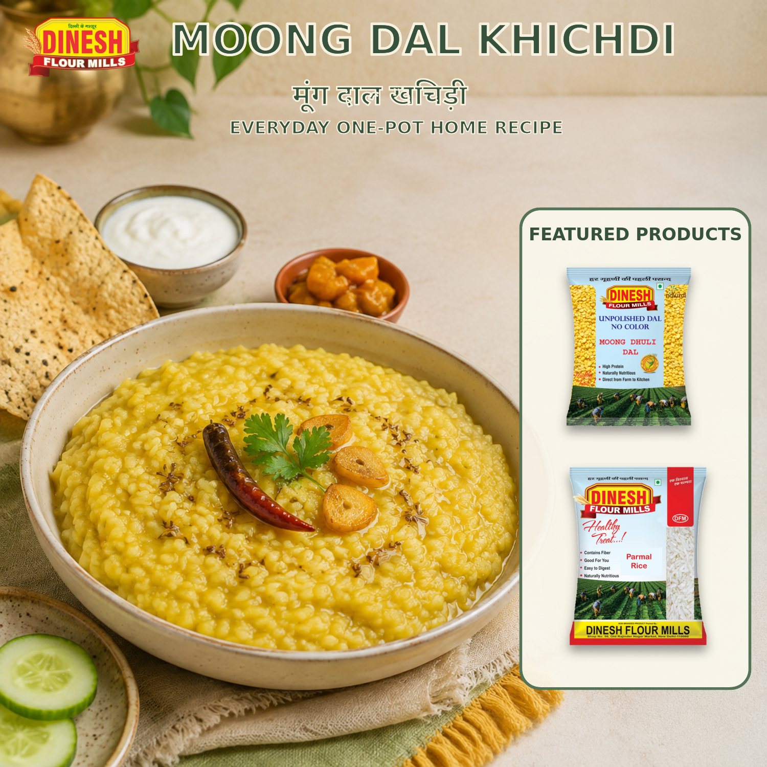 Homestyle Moong Dal Khichdi with ghee tadka, curd, papad, pickle and Dinesh Flour Mills Moong Dhuli Dal and Parmal Rice packets.