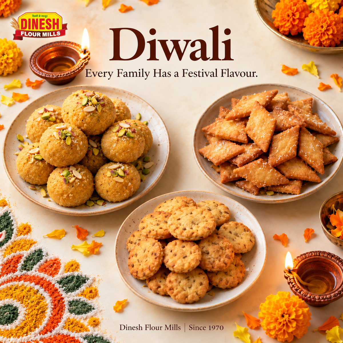 esan laddoos, shakkarpare and mathri on cream ceramic plates beside diyas and a rangoli edge.