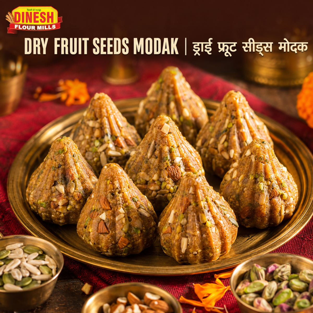 Dry Fruit and Seeds Modak with almonds pistachios and mixed seeds on a brass plate