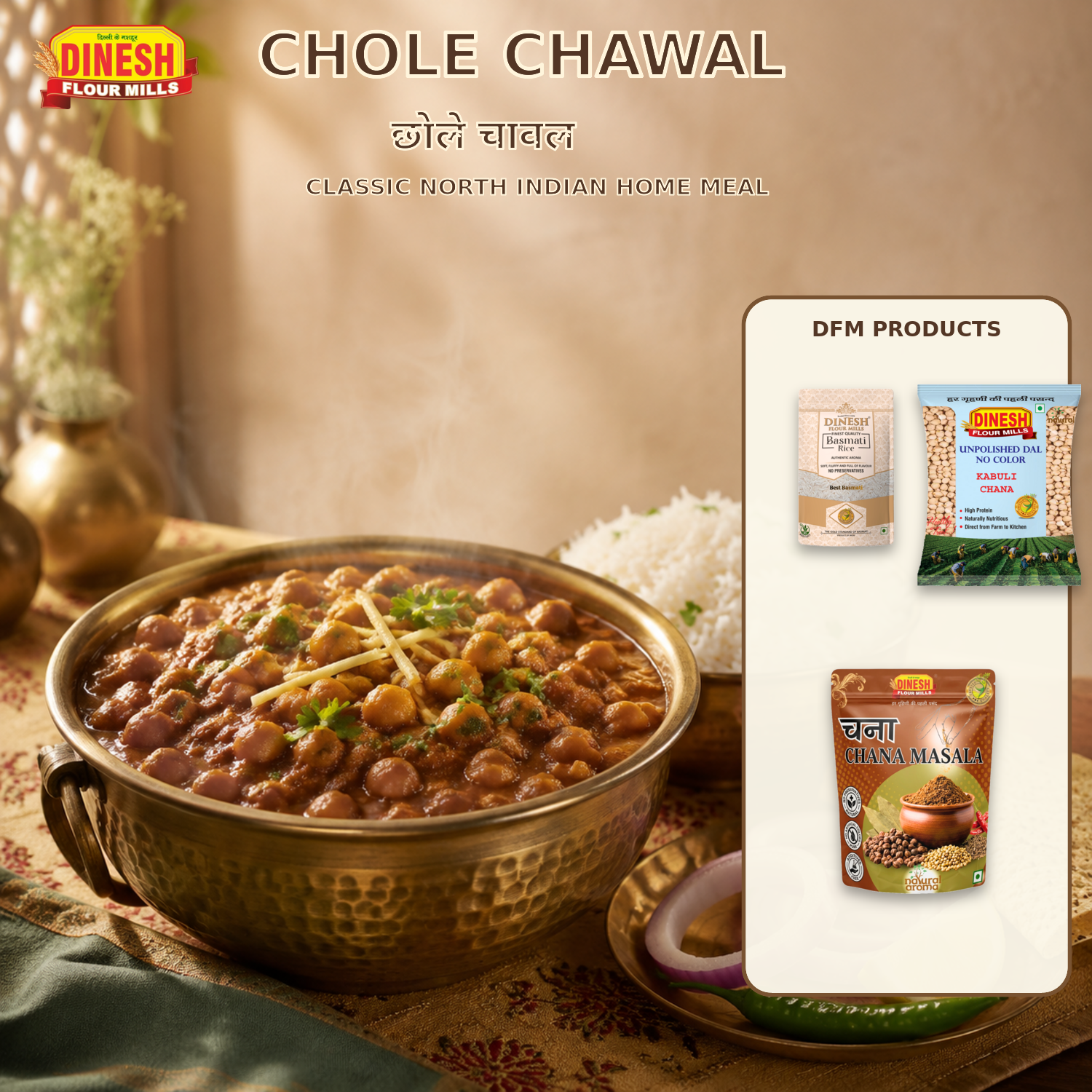 Punjabi Chole Chawal with fluffy Basmati Rice, onion and Dinesh Flour Mills Kabuli Chana, Basmati Rice and Chana Masala packets.