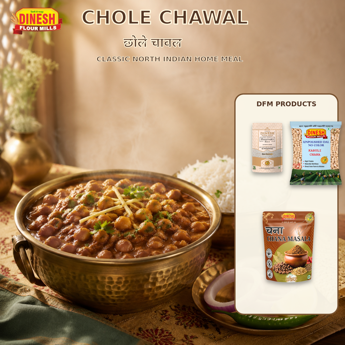 Punjabi Chole Chawal with fluffy Basmati Rice, onion and Dinesh Flour Mills Kabuli Chana, Basmati Rice and Chana Masala packets.
