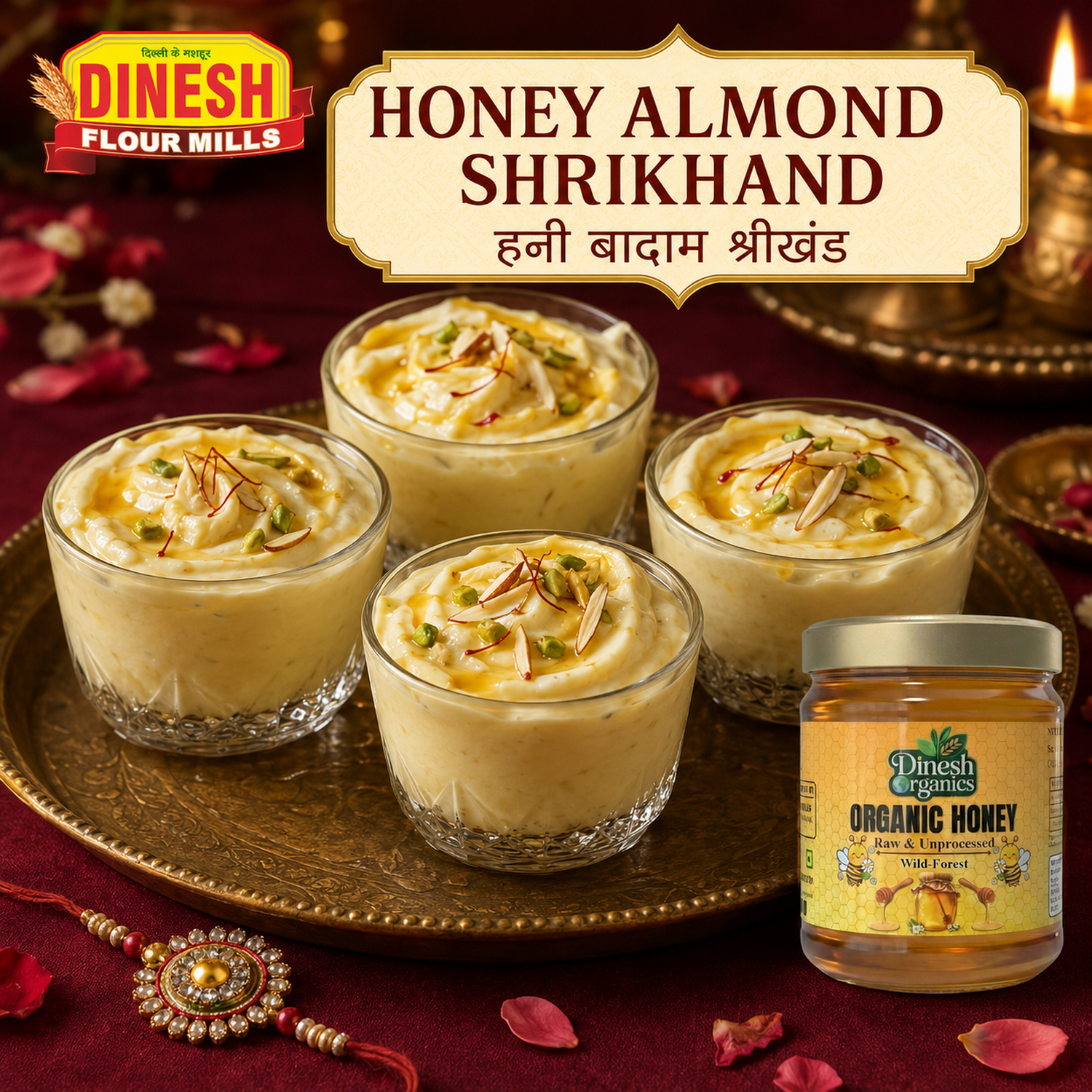 Honey Almond Shrikhand Cups with Dinesh Flour Mills honey, almonds, green cardamom, saffron and pistachios