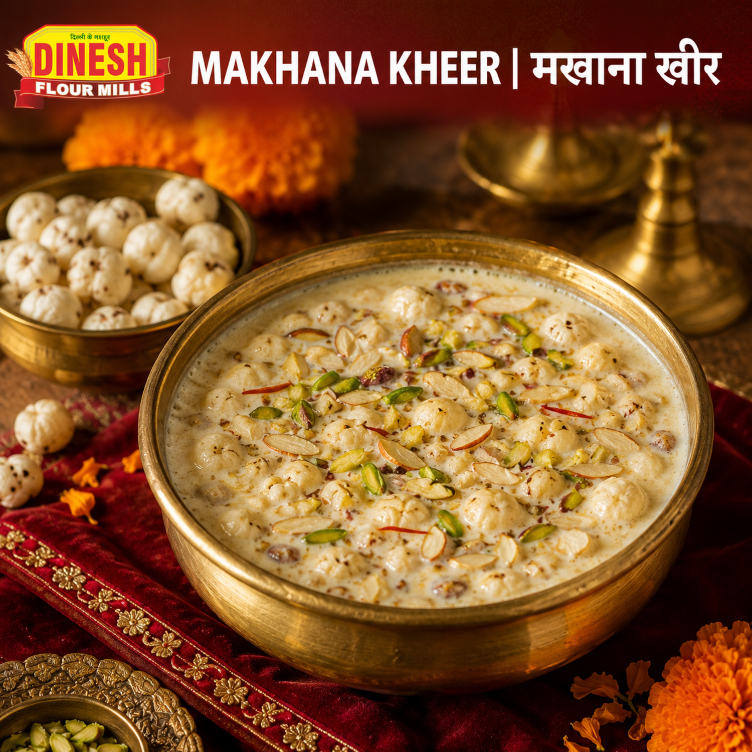Creamy Makhana Kheer with pistachios almonds and saffron in a brass bowl