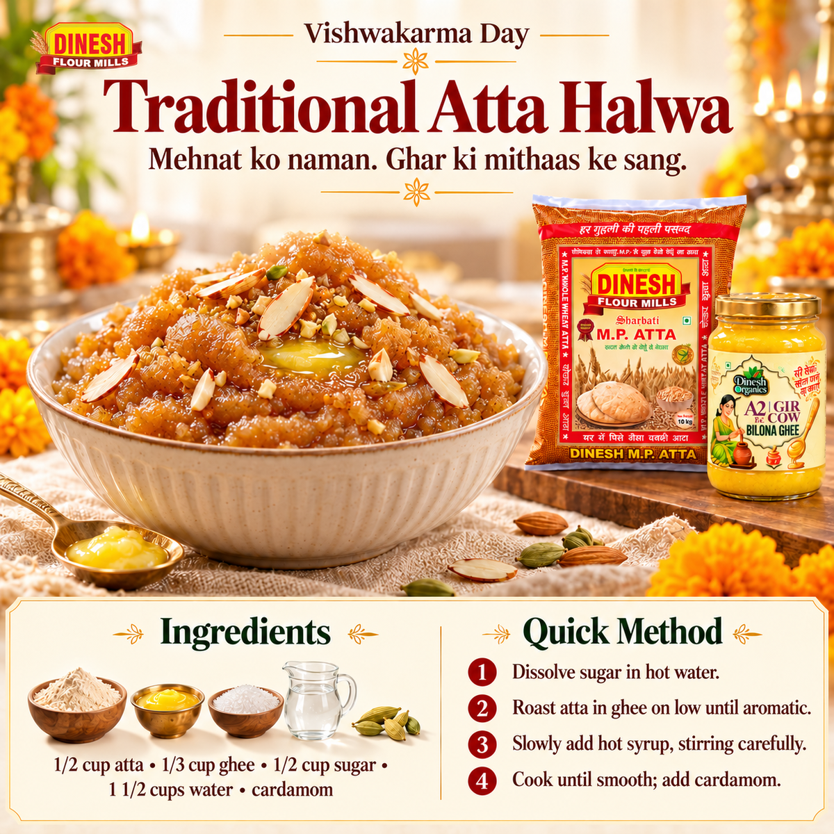 Traditional Atta Halwa for Vishwakarma Day with Dinesh Flour Mills ingredient packs and a small logo on a light background.
