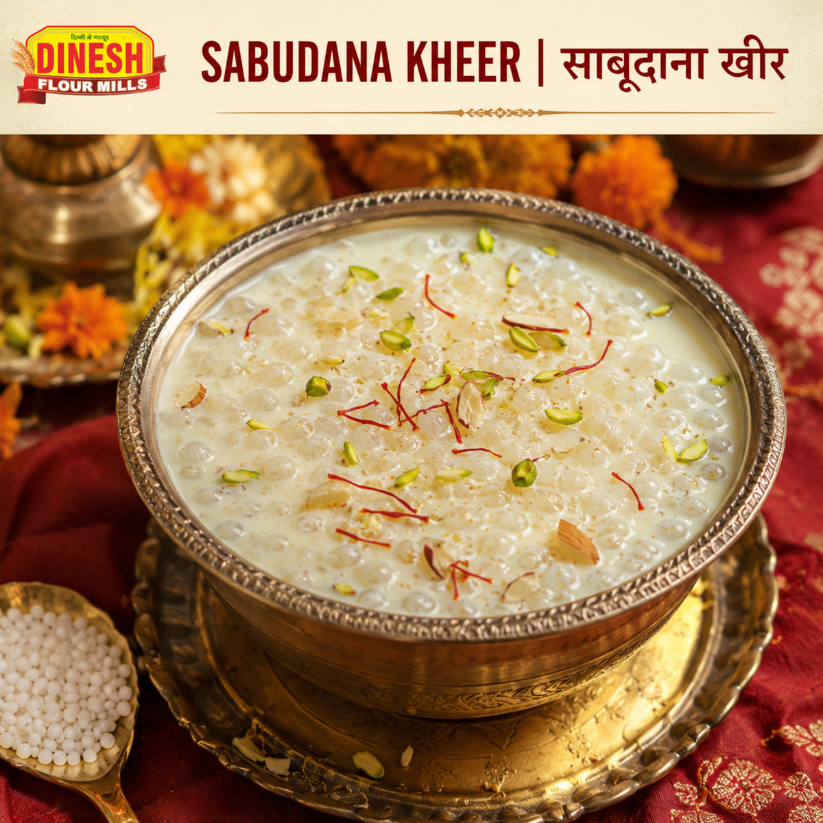 Sabudana Kheer with translucent tapioca pearls saffron and pistachio in a festive bowl