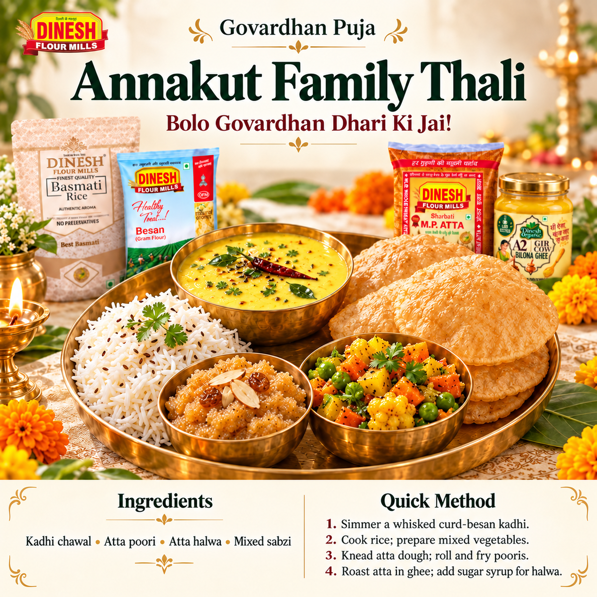 Annakut Family Thali for Govardhan Puja with Dinesh Flour Mills ingredient packs and a small logo on a light background.