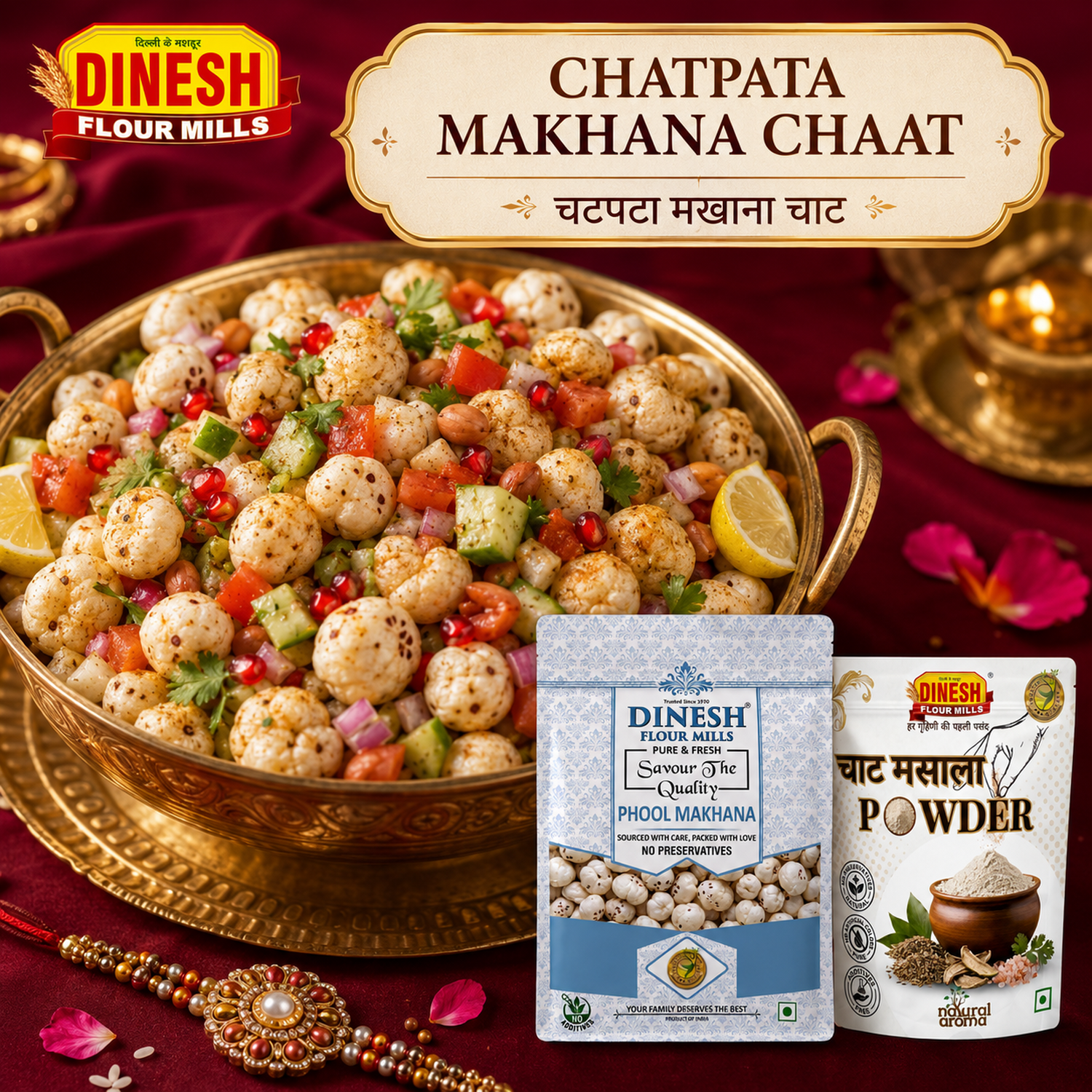 Chatpata Makhana Chaat with Dinesh Flour Mills makhana, chaat masala, black pepper, vegetables, peanuts and lemon