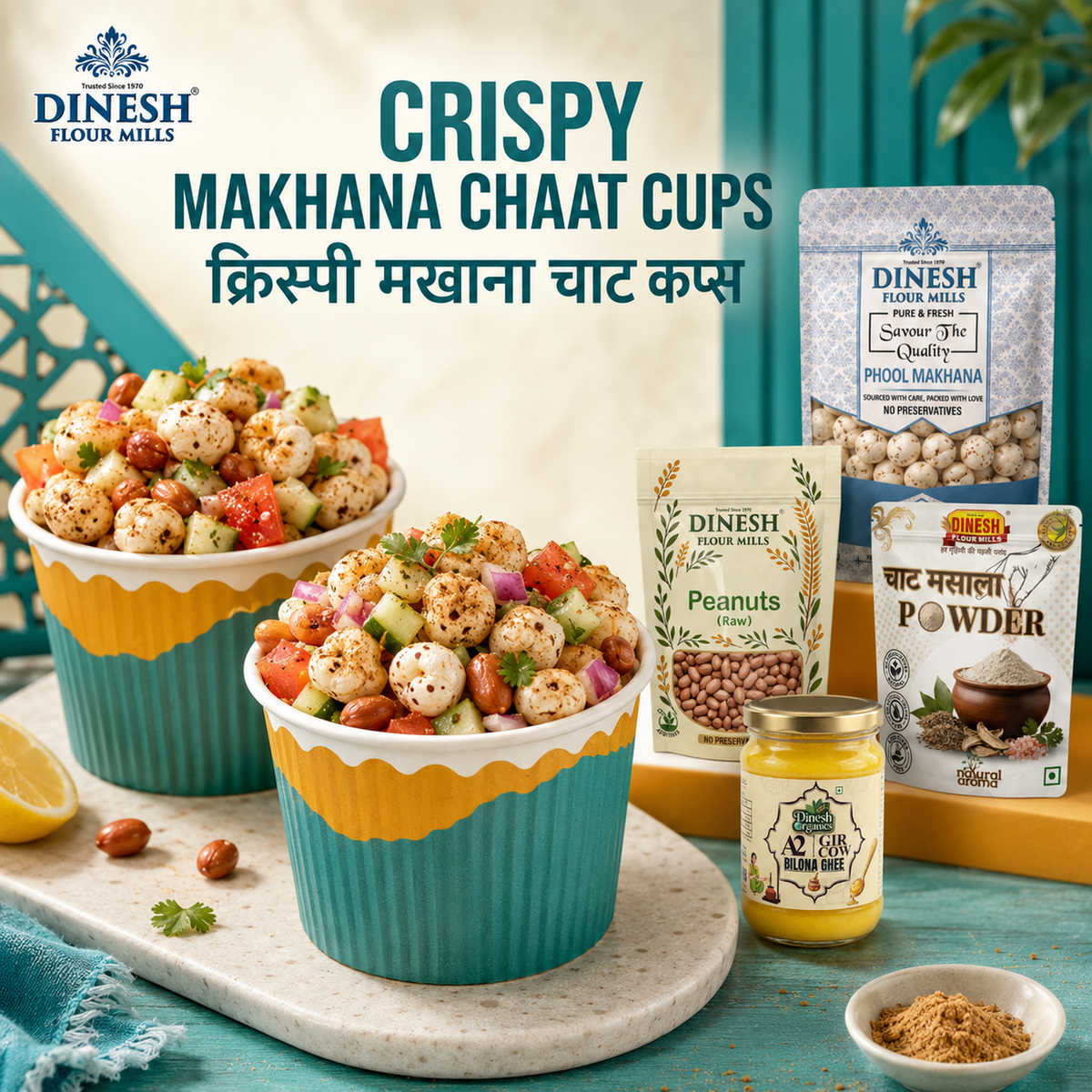 Crispy makhana chaat cups with Dinesh Flour Mills Phool Makhana, Peanuts, Chaat Masala and A2 Ghee